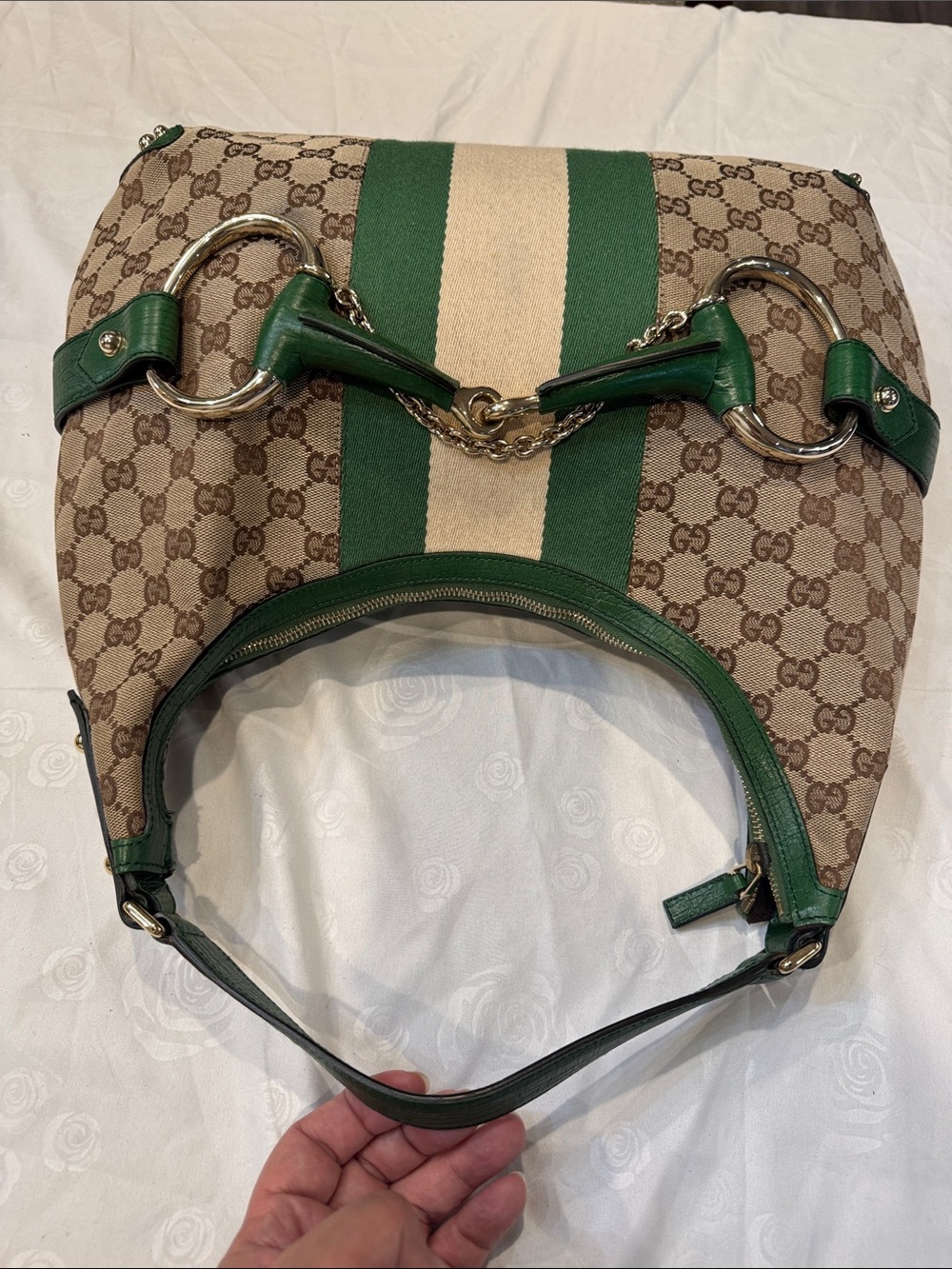 Authentic Gucci Beige Monogram Hobo with Green and Cream Stripes - Picture 7 of 11